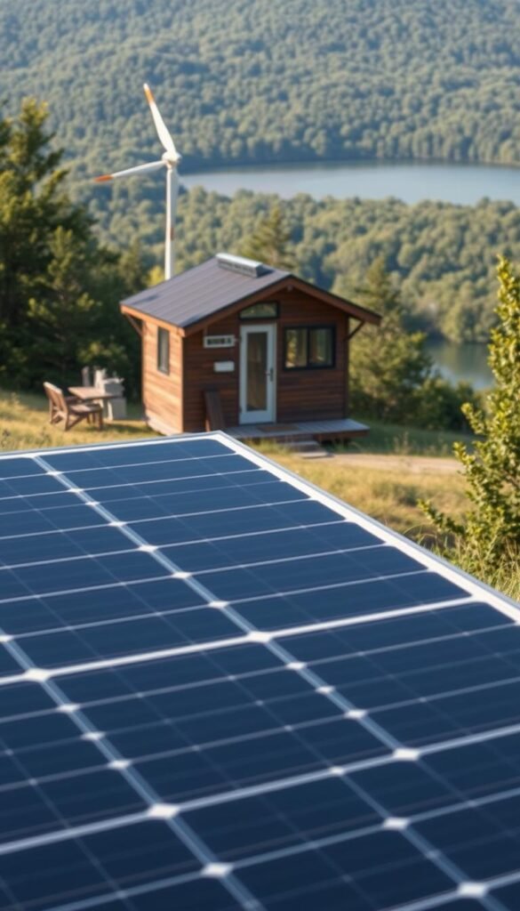 A cozy and minimalist tiny home nestled in a lush, green landscape. In the foreground, a neatly arranged array of solar panels captures the sunlight, their sleek design blending seamlessly with the home's modern aesthetic. The middle ground showcases a small wind turbine, its blades gently turning in the breeze, providing additional renewable energy. In the background, a serene lake reflects the surrounding foliage, creating a tranquil atmosphere. The lighting is soft and natural, highlighting the harmony between the tiny home and its sustainable energy systems. The scene conveys a sense of self-sufficiency, comfort, and environmental awareness. A cozy and minimalist tiny home nestled in a lush, green landscape. In the foreground, a neatly arranged array of solar panels captures the sunlight, their sleek design blending seamlessly with the home's modern aesthetic. The middle ground showcases a small wind turbine, its blades gently turning in the breeze, providing additional renewable energy. In the background, a serene lake reflects the surrounding foliage, creating a tranquil atmosphere. The lighting is soft and natural, highlighting the harmony between the tiny home and its sustainable energy systems. The scene conveys a sense of self-sufficiency, comfort, and environmental awareness.
