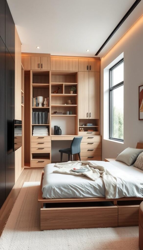 A cozy and organized compact bedroom featuring an array of custom-built storage solutions. In the foreground, a minimalist platform bed with integrated drawers and shelves provides ample storage space. In the middle ground, a built-in wall unit with a mix of open shelves, closed cabinets, and a hidden desk area maximizes vertical space. The background showcases a large window, allowing natural light to flood the room and create a warm, inviting atmosphere. The overall scene reflects a harmonious balance between functionality and aesthetic appeal, showcasing how strategic storage solutions can transform a small living space. A cozy and organized compact bedroom featuring an array of custom-built storage solutions. In the foreground, a minimalist platform bed with integrated drawers and shelves provides ample storage space. In the middle ground, a built-in wall unit with a mix of open shelves, closed cabinets, and a hidden desk area maximizes vertical space. The background showcases a large window, allowing natural light to flood the room and create a warm, inviting atmosphere. The overall scene reflects a harmonious balance between functionality and aesthetic appeal, showcasing how strategic storage solutions can transform a small living space.