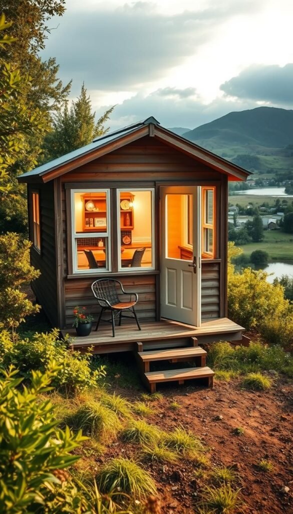 A cozy and serene tiny house nestled amidst lush greenery, surrounded by a picturesque natural landscape. The modest dwelling, its wooden exterior weathered by time, stands as a testament to the freedom and simplicity of the tiny house lifestyle. Warm, natural light filters through large windows, casting a soft glow over the inviting interior. A small porch offers a peaceful refuge, overlooking a tranquil pond and rolling hills in the distance. The scene conveys a sense of harmony, where the inhabitants have embraced a life in tune with nature, unburdened by the constraints of conventional living. A cozy and serene tiny house nestled amidst lush greenery, surrounded by a picturesque natural landscape. The modest dwelling, its wooden exterior weathered by time, stands as a testament to the freedom and simplicity of the tiny house lifestyle. Warm, natural light filters through large windows, casting a soft glow over the inviting interior. A small porch offers a peaceful refuge, overlooking a tranquil pond and rolling hills in the distance. The scene conveys a sense of harmony, where the inhabitants have embraced a life in tune with nature, unburdened by the constraints of conventional living.