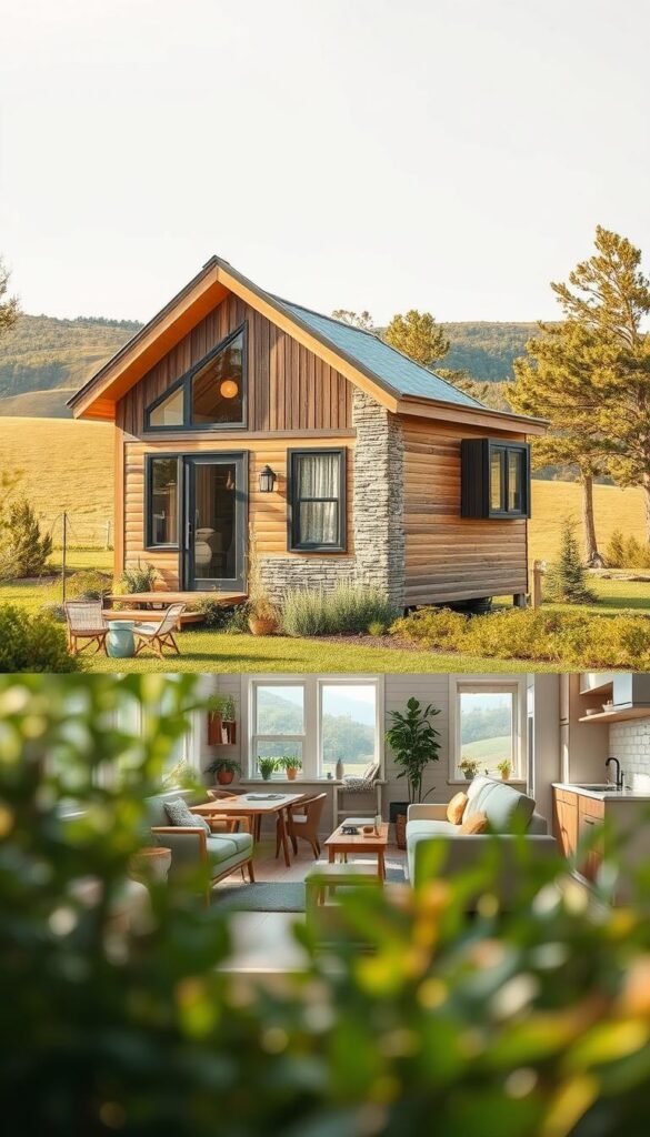 A cozy and well-designed tiny house nestled in a serene, lush landscape. The house features a modern, minimalist aesthetic with clean lines, large windows, and a harmonious integration of natural materials such as wood and stone. In the foreground, a charming outdoor seating area with comfortable furniture invites relaxation and enjoyment of the surrounding nature. The middle ground showcases clever storage solutions and multifunctional furniture, demonstrating how a family of two can live comfortably in the limited space. Soft, warm lighting filters through the windows, creating a welcoming and inviting atmosphere. The background features a picturesque, verdant setting with trees and rolling hills, emphasizing the sense of tranquility and connection to the outdoors.