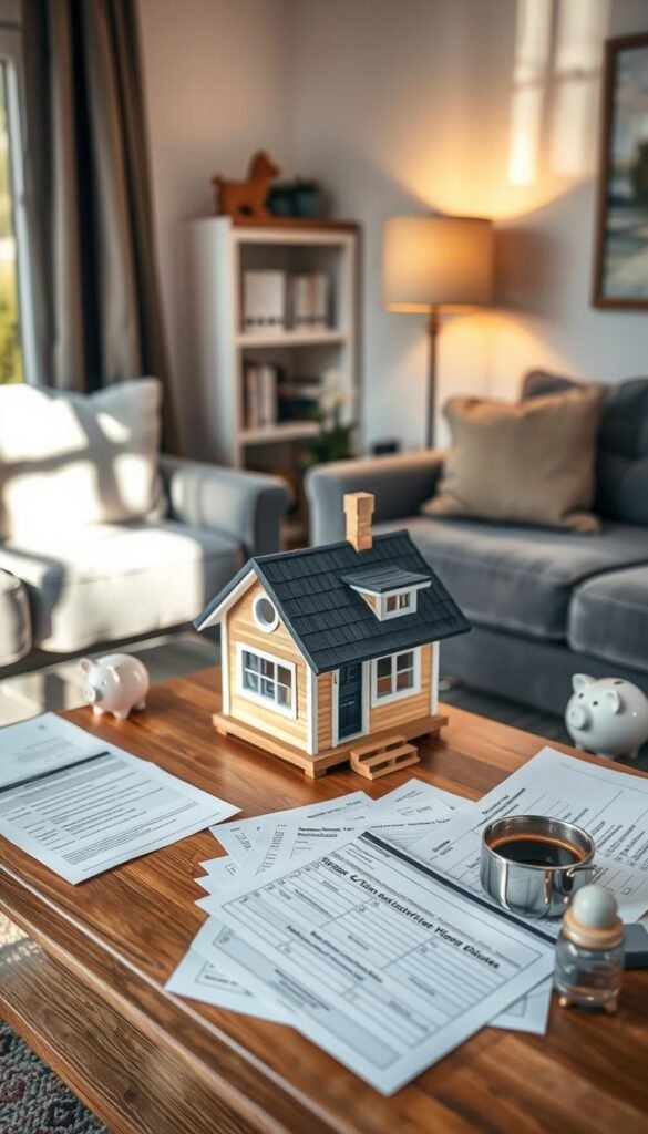 A cozy, brightly lit living room with a tiny house model prominently displayed on a wooden coffee table. The model showcases the compact, efficient design that defines the tiny house lifestyle. In the background, various financial documents, including loan applications and budget spreadsheets, are neatly arranged, suggesting the meticulous planning required for tiny house financing. The scene is further enhanced by the presence of a laptop, a piggy bank, and a cup of coffee, creating an atmosphere of thoughtful consideration and informed decision-making. The lighting is warm and inviting, reflecting the sense of home and security associated with the tiny house movement. A cozy, brightly lit living room with a tiny house model prominently displayed on a wooden coffee table. The model showcases the compact, efficient design that defines the tiny house lifestyle. In the background, various financial documents, including loan applications and budget spreadsheets, are neatly arranged, suggesting the meticulous planning required for tiny house financing. The scene is further enhanced by the presence of a laptop, a piggy bank, and a cup of coffee, creating an atmosphere of thoughtful consideration and informed decision-making. The lighting is warm and inviting, reflecting the sense of home and security associated with the tiny house movement.