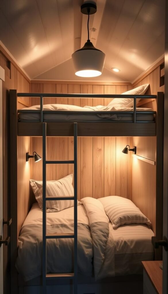 A cozy bunk bed nestled within a meticulously designed tiny house interior, showcasing innovative safety features. The lower bunk features sturdy guardrails, while the upper bunk has a secure ladder and a night light for easy navigation. Soft, diffused lighting from wall sconces and a central pendant illuminates the space, creating a warm and inviting atmosphere. Subtle textures, such as wood paneling and plush bedding, add depth and character to the scene. The overall composition emphasizes the harmonious integration of functional design and child-friendly elements, capturing the essence of bunk bed safety in a tiny house setting. A cozy bunk bed nestled within a meticulously designed tiny house interior, showcasing innovative safety features. The lower bunk features sturdy guardrails, while the upper bunk has a secure ladder and a night light for easy navigation. Soft, diffused lighting from wall sconces and a central pendant illuminates the space, creating a warm and inviting atmosphere. Subtle textures, such as wood paneling and plush bedding, add depth and character to the scene. The overall composition emphasizes the harmonious integration of functional design and child-friendly elements, capturing the essence of bunk bed safety in a tiny house setting.