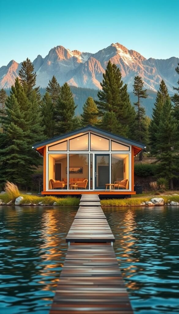 A cozy, compact waterfront home nestled on the shores of a serene lake, surrounded by lush greenery and towering pine trees. The home features a modern, minimalist design with large windows that offer a panoramic view of the tranquil waters and the breathtaking landscape beyond. Soft, natural lighting filters in, creating a warm and inviting atmosphere. The home's clean lines and neutral color palette blend seamlessly with the natural setting, creating a harmonious and peaceful retreat. In the foreground, a small wooden dock extends out onto the lake, inviting you to sit and take in the stunning scenery. The background is dominated by a picturesque mountain range, its peaks reaching up towards the sky. This image captures the essence of a tiny house as the perfect lake house retreat, offering a cozy and serene escape from the hustle and bustle of everyday life. A cozy, compact waterfront home nestled on the shores of a serene lake, surrounded by lush greenery and towering pine trees. The home features a modern, minimalist design with large windows that offer a panoramic view of the tranquil waters and the breathtaking landscape beyond. Soft, natural lighting filters in, creating a warm and inviting atmosphere. The home's clean lines and neutral color palette blend seamlessly with the natural setting, creating a harmonious and peaceful retreat. In the foreground, a small wooden dock extends out onto the lake, inviting you to sit and take in the stunning scenery. The background is dominated by a picturesque mountain range, its peaks reaching up towards the sky. This image captures the essence of a tiny house as the perfect lake house retreat, offering a cozy and serene escape from the hustle and bustle of everyday life.