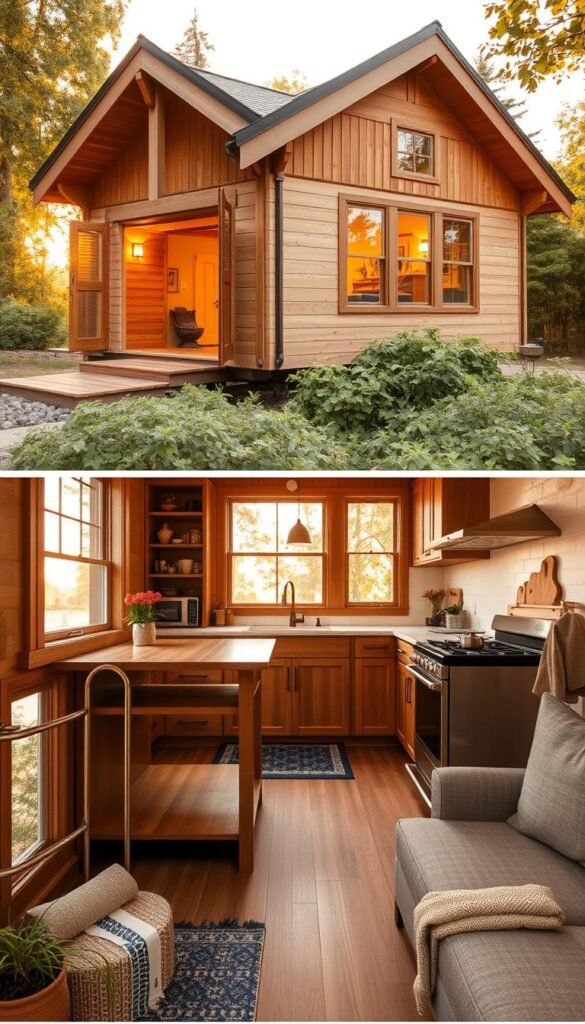 A cozy craftsman-style tiny home nestled among lush greenery, bathed in warm, golden afternoon light. The exterior features intricate woodwork, clean lines, and a welcoming porch with rustic beams. The interior is filled with natural materials, built-in storage, and thoughtfully designed spaces that maximize functionality. Sleek modern appliances and fixtures contrast with the home's traditional charm, showcasing innovative design solutions. Large windows let in ample natural light, blending the indoors and outdoors seamlessly. The overall aesthetic is a harmonious balance of classic craftsman style and contemporary sensibilities. A cozy craftsman-style tiny home nestled among lush greenery, bathed in warm, golden afternoon light. The exterior features intricate woodwork, clean lines, and a welcoming porch with rustic beams. The interior is filled with natural materials, built-in storage, and thoughtfully designed spaces that maximize functionality. Sleek modern appliances and fixtures contrast with the home's traditional charm, showcasing innovative design solutions. Large windows let in ample natural light, blending the indoors and outdoors seamlessly. The overall aesthetic is a harmonious balance of classic craftsman style and contemporary sensibilities.