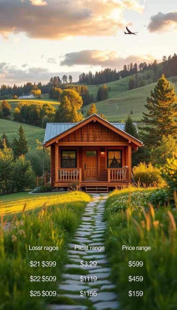 A cozy craftsman-style tiny home nestled in a lush, verdant landscape, its warm wooden exterior bathed in soft, golden afternoon light. The foreground features a detailed comparison of price ranges, showcasing the affordability and value of these compact, meticulously-crafted dwellings. In the middle ground, a charming path leads towards the home's inviting porch, hinting at the thoughtful design and attention to detail within. The background is filled with rolling hills, towering trees, and a serene, cloud-dotted sky, creating a tranquil, picturesque setting that embodies the essence of the craftsman tiny home lifestyle. A cozy craftsman-style tiny home nestled in a lush, verdant landscape, its warm wooden exterior bathed in soft, golden afternoon light. The foreground features a detailed comparison of price ranges, showcasing the affordability and value of these compact, meticulously-crafted dwellings. In the middle ground, a charming path leads towards the home's inviting porch, hinting at the thoughtful design and attention to detail within. The background is filled with rolling hills, towering trees, and a serene, cloud-dotted sky, creating a tranquil, picturesque setting that embodies the essence of the craftsman tiny home lifestyle.