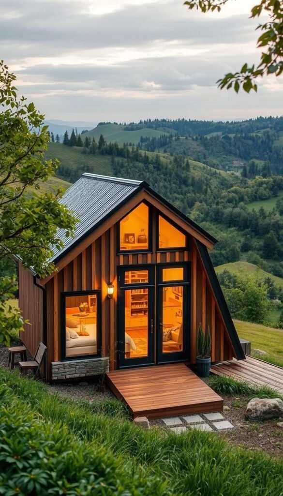 A cozy, custom-designed tiny home nestled in a lush, verdant landscape. The exterior features a sleek, modern aesthetic with clean lines and a mix of natural materials like wood and stone. Large windows flood the interior with warm, natural light, creating a bright and airy atmosphere. The home's compact footprint is cleverly optimized, with a clever layout that maximizes space and functionality. Delicate, ambient lighting accents the home's architectural details, casting a soft, inviting glow. The surrounding scene is peaceful and serene, with rolling hills and a tranquil forest in the distance, conveying a sense of harmony and connection with nature.