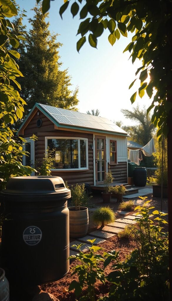 A cozy, eco-friendly tiny home nestled among lush greenery, its solar panels gleaming in the warm afternoon sunlight. In the foreground, a compost bin and herb garden thrive, while energy-efficient appliances and natural building materials are visible through the large windows. The middle ground showcases a clothesline drying organic cotton sheets, and the background features a rain barrel system collecting water for irrigation. The overall scene exudes a sense of harmony, sustainability, and a mindful approach to living in a small, yet impactful space. A cozy, eco-friendly tiny home nestled among lush greenery, its solar panels gleaming in the warm afternoon sunlight. In the foreground, a compost bin and herb garden thrive, while energy-efficient appliances and natural building materials are visible through the large windows. The middle ground showcases a clothesline drying organic cotton sheets, and the background features a rain barrel system collecting water for irrigation. The overall scene exudes a sense of harmony, sustainability, and a mindful approach to living in a small, yet impactful space.