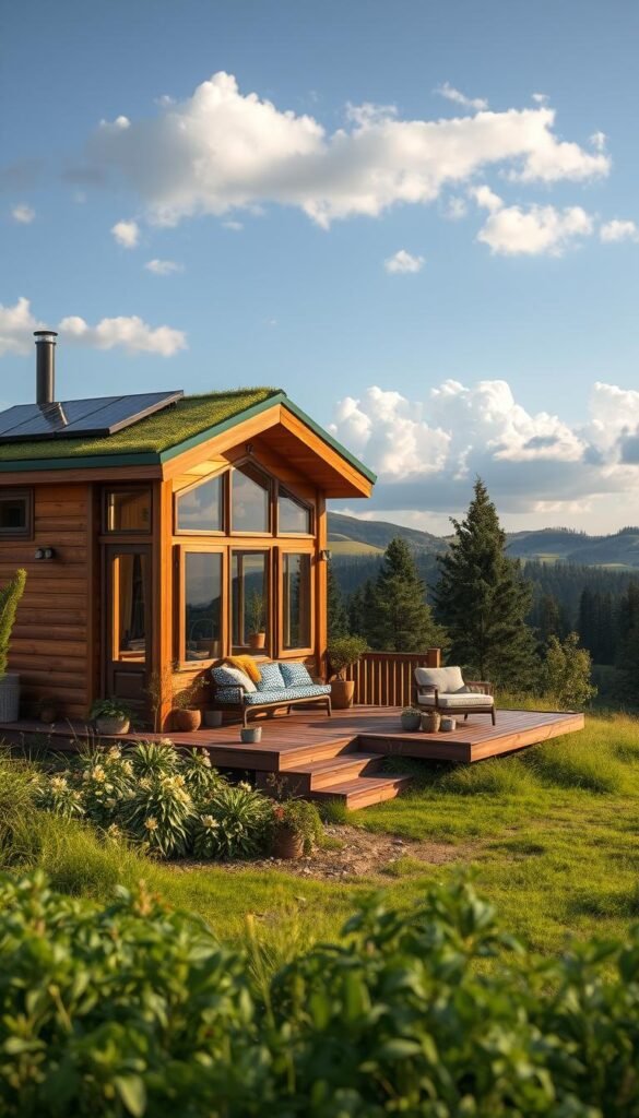 A cozy, eco-friendly tiny home nestled in a lush, sustainable landscape. The foreground features a beautifully crafted wooden structure with large windows, solar panels, and a green roof blending seamlessly with the environment. In the middle ground, a well-designed outdoor living space with a deck, sustainable furnishings, and potted plants. The background showcases rolling hills, towering trees, and a serene blue sky with fluffy white clouds, conveying a sense of tranquility and harmony. Warm, natural lighting illuminates the scene, highlighting the home's efficient, high-tech features and the owner's commitment to sustainable living.