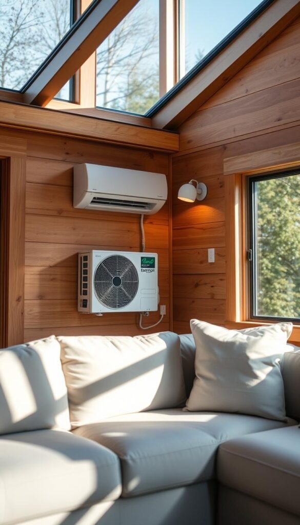 A cozy, energy-efficient ductless mini-split system nestled in the corner of a tiny home's living space. The system's sleek, modern design blends seamlessly with the minimalist decor, its compact indoor unit mounted discreetly on the wall. Warm, diffused lighting from the mini-split illuminates the space, casting a soft, inviting glow. Sunlight streams in through large windows, creating a bright, airy atmosphere. The tiny home's compact footprint is accentuated, highlighting the versatility and space-saving benefits of the ductless HVAC system. The scene exudes a sense of comfort, efficiency, and harmonious integration of technology and sustainable living. A cozy, energy-efficient ductless mini-split system nestled in the corner of a tiny home's living space. The system's sleek, modern design blends seamlessly with the minimalist decor, its compact indoor unit mounted discreetly on the wall. Warm, diffused lighting from the mini-split illuminates the space, casting a soft, inviting glow. Sunlight streams in through large windows, creating a bright, airy atmosphere. The tiny home's compact footprint is accentuated, highlighting the versatility and space-saving benefits of the ductless HVAC system. The scene exudes a sense of comfort, efficiency, and harmonious integration of technology and sustainable living.