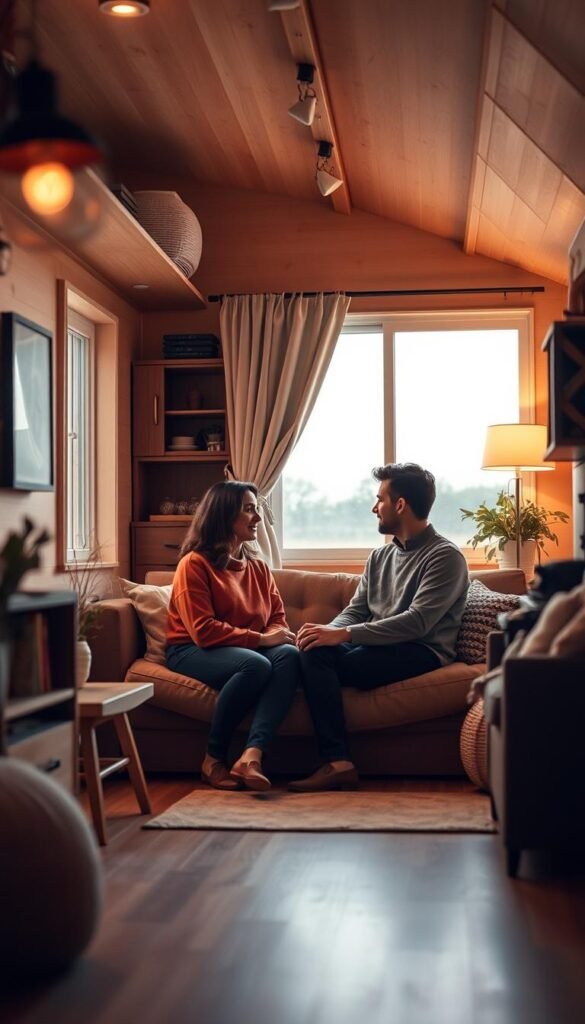 A cozy interior of a tiny house, where a couple is engaged in a thoughtful discussion. The scene is bathed in warm, soft lighting, creating an intimate atmosphere. The foreground features the couple sitting close together on a plush sofa, their body language suggesting openness and attentiveness. The middle ground showcases the compact living space, with minimal furnishings and decor that emphasize the confined nature of the environment. In the background, a large window offers a glimpse of the outside world, providing a sense of connection beyond the small confines. The overall mood is one of introspection and connection, capturing the essence of communication and conflict resolution in a limited living space. A cozy interior of a tiny house, where a couple is engaged in a thoughtful discussion. The scene is bathed in warm, soft lighting, creating an intimate atmosphere. The foreground features the couple sitting close together on a plush sofa, their body language suggesting openness and attentiveness. The middle ground showcases the compact living space, with minimal furnishings and decor that emphasize the confined nature of the environment. In the background, a large window offers a glimpse of the outside world, providing a sense of connection beyond the small confines. The overall mood is one of introspection and connection, capturing the essence of communication and conflict resolution in a limited living space.