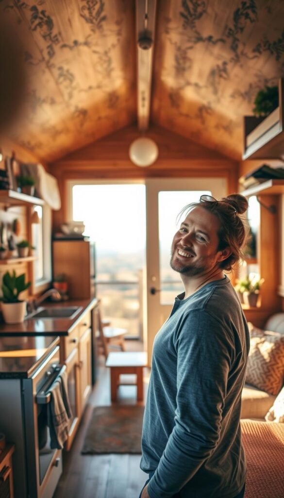 A cozy, inviting scene of a tiny house owner's experience. In the foreground, a smiling, relaxed individual admires their compact, well-designed living space, filled with natural light and tasteful decor. The middle ground showcases the efficient use of space, with a functional kitchenette and a comfortable seating area. In the background, a picturesque landscape unfolds, hinting at the freedom and simplicity of tiny house living. The scene is bathed in warm, golden lighting, creating a sense of peace and contentment. A wide-angle lens captures the entire scene, emphasizing the harmonious integration of the tiny house and its owner's lifestyle. A cozy, inviting scene of a tiny house owner's experience. In the foreground, a smiling, relaxed individual admires their compact, well-designed living space, filled with natural light and tasteful decor. The middle ground showcases the efficient use of space, with a functional kitchenette and a comfortable seating area. In the background, a picturesque landscape unfolds, hinting at the freedom and simplicity of tiny house living. The scene is bathed in warm, golden lighting, creating a sense of peace and contentment. A wide-angle lens captures the entire scene, emphasizing the harmonious integration of the tiny house and its owner's lifestyle.