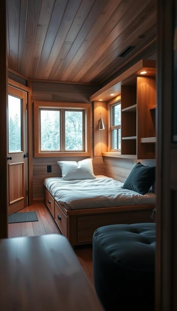 A cozy, inviting tiny house interior with a custom-built, space-saving bed frame nestled in the corner. The bed features a minimalist, modular design with built-in storage compartments and shelves, maximizing every inch of the limited floorspace. Soft, warm lighting filters through the room, creating a serene atmosphere. The bed is situated in the foreground, with the middle ground showcasing the tiny home's efficient layout and furnishings. The background hints at the home's exterior, perhaps a glimpse of a starry night sky or a lush, nature-inspired setting, emphasizing the harmony between the compact living space and its surroundings. A cozy, inviting tiny house interior with a custom-built, space-saving bed frame nestled in the corner. The bed features a minimalist, modular design with built-in storage compartments and shelves, maximizing every inch of the limited floorspace. Soft, warm lighting filters through the room, creating a serene atmosphere. The bed is situated in the foreground, with the middle ground showcasing the tiny home's efficient layout and furnishings. The background hints at the home's exterior, perhaps a glimpse of a starry night sky or a lush, nature-inspired setting, emphasizing the harmony between the compact living space and its surroundings.