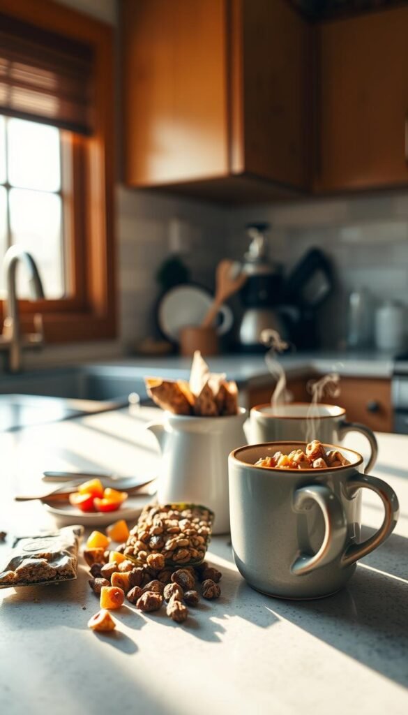 A cozy kitchen counter, bathed in warm, natural light filtering through a nearby window. On the surface, an assortment of tiny home-friendly snacks: bite-sized energy bars, dried fruit, homemade granola in small jars, and a pair of ceramic mugs, steam curling from their contents. The scene evokes a sense of simplicity, efficiency, and mindfulness - the hallmarks of the tiny home lifestyle. The camera angle captures the scene from a slightly elevated perspective, emphasizing the compact yet well-curated arrangement of the items. An atmosphere of calm domesticity pervades the image, reflecting the practical yet intentional shifts in daily life when embracing the tiny home movement. A cozy kitchen counter, bathed in warm, natural light filtering through a nearby window. On the surface, an assortment of tiny home-friendly snacks: bite-sized energy bars, dried fruit, homemade granola in small jars, and a pair of ceramic mugs, steam curling from their contents. The scene evokes a sense of simplicity, efficiency, and mindfulness - the hallmarks of the tiny home lifestyle. The camera angle captures the scene from a slightly elevated perspective, emphasizing the compact yet well-curated arrangement of the items. An atmosphere of calm domesticity pervades the image, reflecting the practical yet intentional shifts in daily life when embracing the tiny home movement.