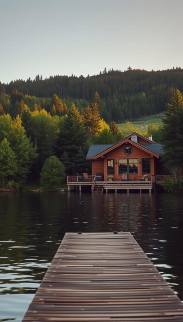 A cozy lakeside property nestled amidst lush green foliage, with a warm, golden sunset casting a gentle glow over the serene water. In the foreground, a wooden dock extends into the calm lake, inviting guests to relax and enjoy the tranquil scenery. The middle ground features a charming, rustic cabin with a wraparound porch, its weathered wood and large windows blending seamlessly with the natural landscape. In the background, rolling hills and dense evergreen forests frame the scene, creating a sense of peaceful seclusion. The lighting is soft and atmospheric, with the fading daylight adding a touch of romance to the setting. Overall, the image conveys the comfort and serenity of a lakeside retreat, perfect for a cozy and relaxing getaway. A cozy lakeside property nestled amidst lush green foliage, with a warm, golden sunset casting a gentle glow over the serene water. In the foreground, a wooden dock extends into the calm lake, inviting guests to relax and enjoy the tranquil scenery. The middle ground features a charming, rustic cabin with a wraparound porch, its weathered wood and large windows blending seamlessly with the natural landscape. In the background, rolling hills and dense evergreen forests frame the scene, creating a sense of peaceful seclusion. The lighting is soft and atmospheric, with the fading daylight adding a touch of romance to the setting. Overall, the image conveys the comfort and serenity of a lakeside retreat, perfect for a cozy and relaxing getaway.