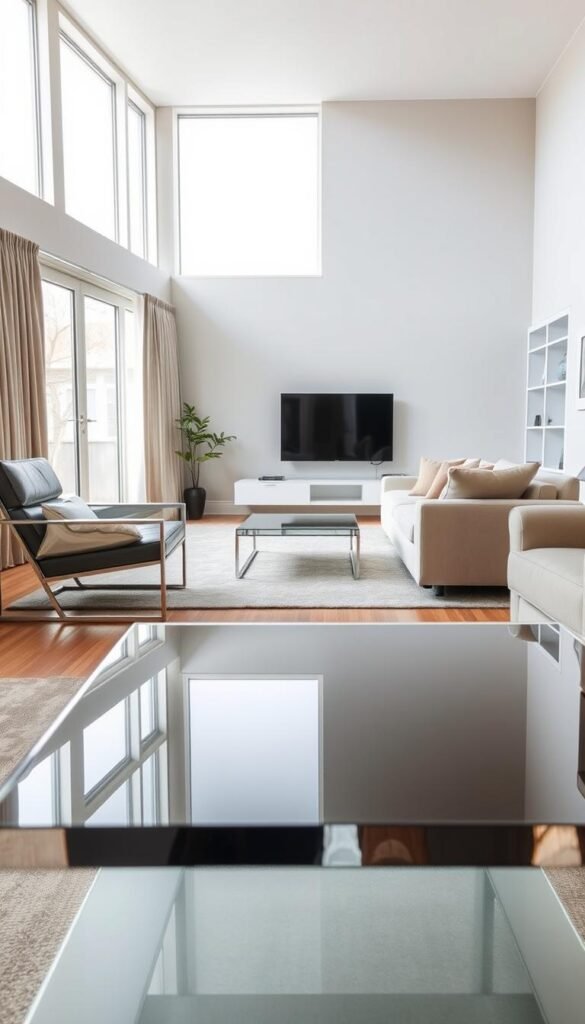 A cozy living room filled with sleek, reflective furniture that catches the soft, diffused light from large windows. In the foreground, a glossy acrylic coffee table reflects the room's subtle colors, while a metallic-framed armchair with a mirrored seat shimmers subtly. In the middle ground, a modular sectional sofa with a high-gloss finish creates a sense of depth and spatial awareness. The background features a floating TV stand with a transparent acrylic panel, amplifying the room's open and airy ambiance. Muted, earthy tones and clean, minimalist lines evoke a calming, sophisticated atmosphere perfect for a small living space. A cozy living room filled with sleek, reflective furniture that catches the soft, diffused light from large windows. In the foreground, a glossy acrylic coffee table reflects the room's subtle colors, while a metallic-framed armchair with a mirrored seat shimmers subtly. In the middle ground, a modular sectional sofa with a high-gloss finish creates a sense of depth and spatial awareness. The background features a floating TV stand with a transparent acrylic panel, amplifying the room's open and airy ambiance. Muted, earthy tones and clean, minimalist lines evoke a calming, sophisticated atmosphere perfect for a small living space.