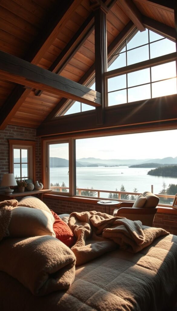 A cozy loft bedroom with a stunning view of a serene lake. Warm, natural lighting filters through large windows, casting a soft glow on the rustic wooden beams and exposed brick walls. In the foreground, a plush, inviting bed is layered with cozy textiles, while a comfortable reading nook with a plush armchair and side table overlooks the tranquil waters of the lake in the middle ground. The background features a panoramic view of the lake, with distant hills and trees creating a peaceful, natural backdrop. The overall atmosphere is one of relaxation and tranquility, perfectly suited for a tiny house on the waterfront. A cozy loft bedroom with a stunning view of a serene lake. Warm, natural lighting filters through large windows, casting a soft glow on the rustic wooden beams and exposed brick walls. In the foreground, a plush, inviting bed is layered with cozy textiles, while a comfortable reading nook with a plush armchair and side table overlooks the tranquil waters of the lake in the middle ground. The background features a panoramic view of the lake, with distant hills and trees creating a peaceful, natural backdrop. The overall atmosphere is one of relaxation and tranquility, perfectly suited for a tiny house on the waterfront.