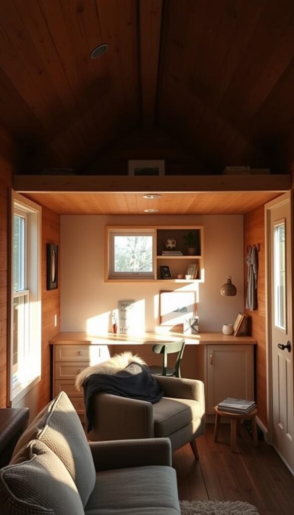 A cozy loft-style tiny house interior, bathed in warm natural light filtering through a large window. In the foreground, a plush armchair and reading nook, providing a peaceful personal retreat. The middle ground features a minimalist but functional workstation, allowing for focused productivity. In the background, a built-in shelving unit displays personal items and decor, creating a sense of individuality and comfort. The overall atmosphere is one of serenity and intentional design, perfectly suited for a couple seeking privacy and relaxation within their shared tiny home space. A cozy loft-style tiny house interior, bathed in warm natural light filtering through a large window. In the foreground, a plush armchair and reading nook, providing a peaceful personal retreat. The middle ground features a minimalist but functional workstation, allowing for focused productivity. In the background, a built-in shelving unit displays personal items and decor, creating a sense of individuality and comfort. The overall atmosphere is one of serenity and intentional design, perfectly suited for a couple seeking privacy and relaxation within their shared tiny home space.