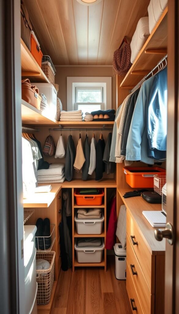 A cozy, meticulously organized closet in a tiny home, bathed in warm, natural light filtering through a small window. The shelves and drawers are efficiently arranged, with color-coded storage bins, neatly folded clothes, and carefully curated accessories. Clever space-saving solutions, such as hanging rods and modular organizers, maximize the limited footprint. The overall atmosphere exudes a sense of calm and productivity, reflecting the harmonious balance between form and function in this tiny living space.