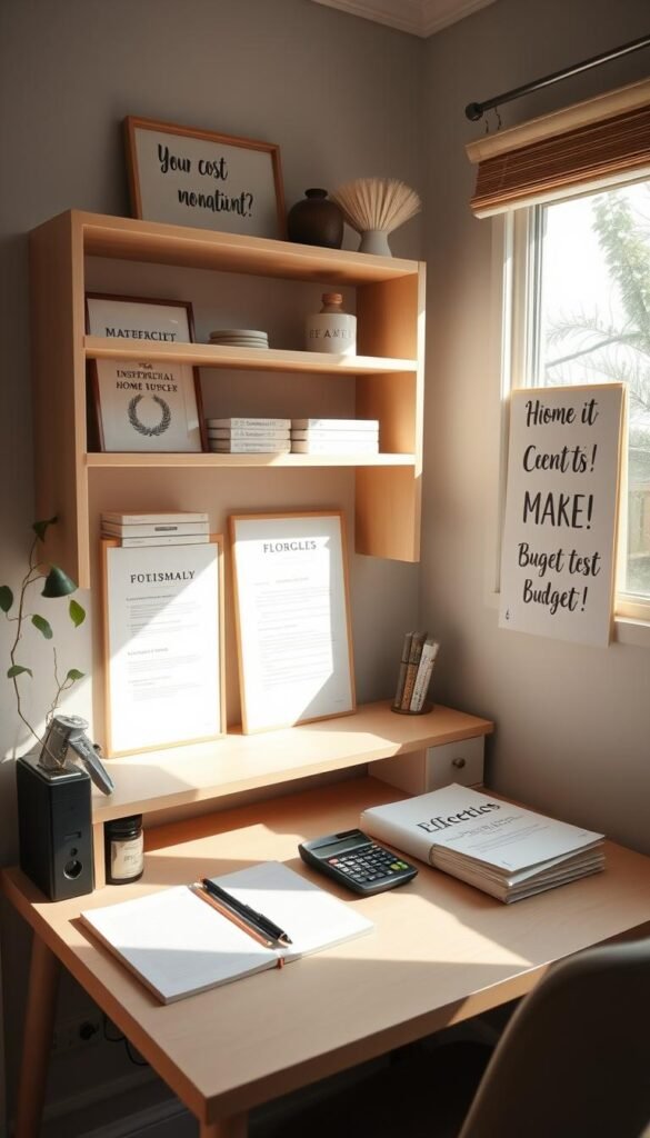 A cozy, minimalist home office with natural lighting, a compact desk, and neatly organized shelves showcasing efficient cost management tools. A notebook, calculator, and a folder of budget documents sit on the desk, hinting at the careful planning needed for a successful small space project. The walls feature inspirational DIY home decor elements, creating a warm, personalized atmosphere. The overall scene conveys a sense of intentional, thoughtful design within a limited footprint. A cozy, minimalist home office with natural lighting, a compact desk, and neatly organized shelves showcasing efficient cost management tools. A notebook, calculator, and a folder of budget documents sit on the desk, hinting at the careful planning needed for a successful small space project. The walls feature inspirational DIY home decor elements, creating a warm, personalized atmosphere. The overall scene conveys a sense of intentional, thoughtful design within a limited footprint.