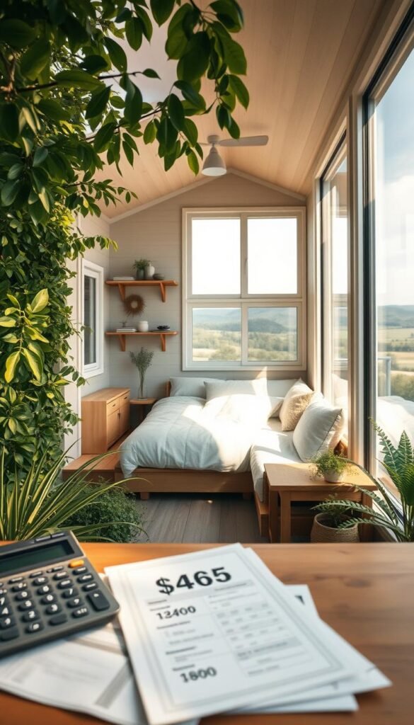 A cozy, minimalist tiny home nestled among lush greenery, its modest size belying the substantial cost savings within. Sunlight streams through large windows, illuminating a simple, well-designed interior filled with multifunctional furniture and smart storage solutions. In the foreground, a calculator and financial documents hint at the tangible benefits of downsizing, while the background features a serene landscape, symbolizing the tranquility and freedom that tiny living can provide. Captured with a warm, documentary-style lens, this image conveys the practical and lifestyle advantages of choosing a tiny home over a traditional residence. A cozy, minimalist tiny home nestled among lush greenery, its modest size belying the substantial cost savings within. Sunlight streams through large windows, illuminating a simple, well-designed interior filled with multifunctional furniture and smart storage solutions. In the foreground, a calculator and financial documents hint at the tangible benefits of downsizing, while the background features a serene landscape, symbolizing the tranquility and freedom that tiny living can provide. Captured with a warm, documentary-style lens, this image conveys the practical and lifestyle advantages of choosing a tiny home over a traditional residence.