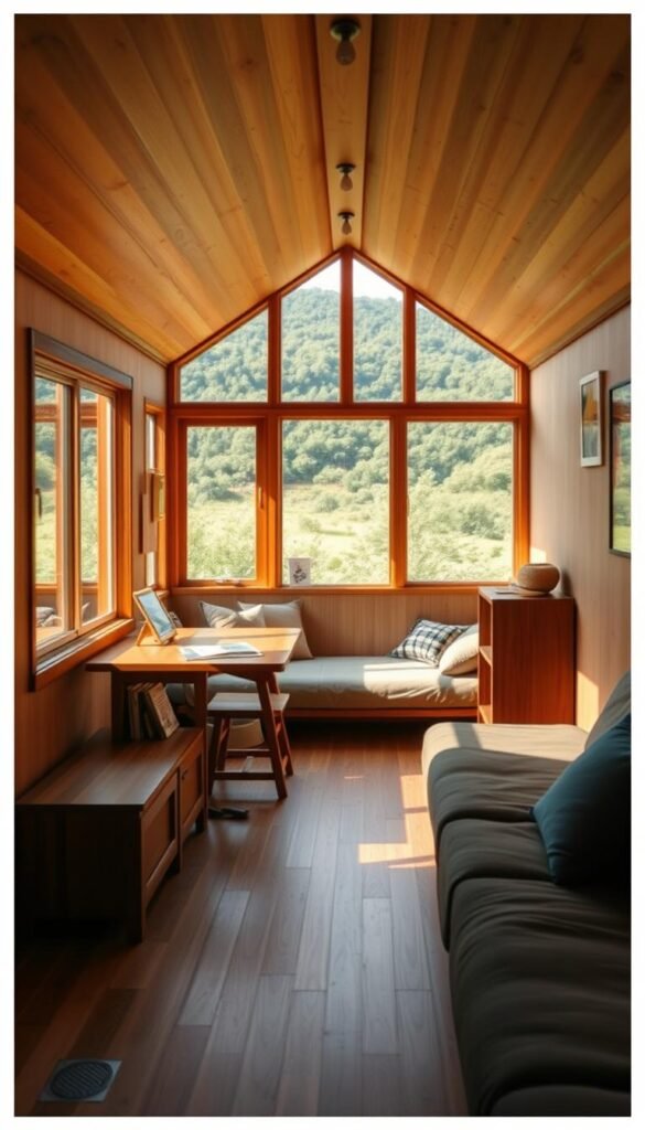 A cozy, minimalist tiny home nestled in a serene, natural setting. The foreground features a neatly organized interior with a few essential furnishings - a simple wooden table, a comfortable futon, and a small bookshelf. Warm, natural lighting filters in through large windows, casting a soft glow. The middle ground showcases the compact, efficient layout, highlighting the harmonious integration of living, dining, and sleeping spaces. In the background, a lush, verdant landscape provides a tranquil backdrop, emphasizing the connection between the tiny home and its surrounding environment. The overall mood evokes a sense of simplicity, contentment, and financial prudence. A cozy, minimalist tiny home nestled in a serene, natural setting. The foreground features a neatly organized interior with a few essential furnishings - a simple wooden table, a comfortable futon, and a small bookshelf. Warm, natural lighting filters in through large windows, casting a soft glow. The middle ground showcases the compact, efficient layout, highlighting the harmonious integration of living, dining, and sleeping spaces. In the background, a lush, verdant landscape provides a tranquil backdrop, emphasizing the connection between the tiny home and its surrounding environment. The overall mood evokes a sense of simplicity, contentment, and financial prudence.
