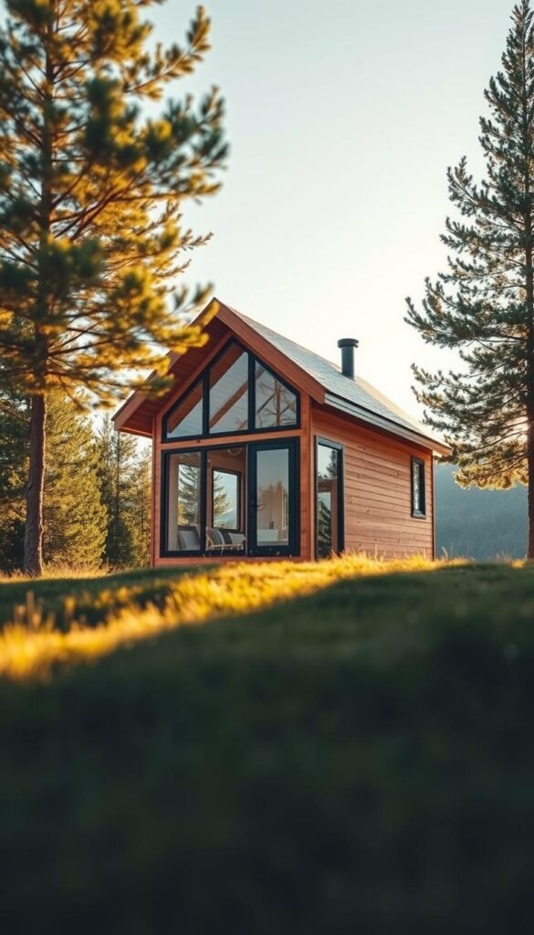 A cozy, minimalist tiny house nestled in a serene, natural setting. The exterior features a slanted roof, wooden siding, and large windows that allow ample natural light to flood the interior. The house is situated on a grassy knoll, surrounded by lush trees and a picturesque landscape. The scene is bathed in warm, golden sunlight, creating a inviting and tranquil atmosphere. The camera angle captures the tiny house from a low, slightly angled perspective, emphasizing its compact size and harmonious integration with the environment. A cozy, minimalist tiny house nestled in a serene, natural setting. The exterior features a slanted roof, wooden siding, and large windows that allow ample natural light to flood the interior. The house is situated on a grassy knoll, surrounded by lush trees and a picturesque landscape. The scene is bathed in warm, golden sunlight, creating a inviting and tranquil atmosphere. The camera angle captures the tiny house from a low, slightly angled perspective, emphasizing its compact size and harmonious integration with the environment.