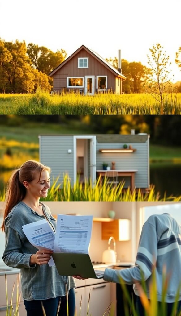 A cozy, minimalist tiny house stands in a lush, verdant meadow, bathed in warm, golden sunlight. In the foreground, a young couple happily examines a stack of financial documents, their faces illuminated by the soft glow of a laptop screen. In the middle ground, a simple, modern kitchen with clean lines and efficient appliances hints at the cost savings of downsized living. The background features a tranquil pond reflecting the surrounding trees, conveying a sense of peaceful, off-grid seclusion. The overall scene exudes a feeling of financial independence, affordability, and connection to nature. A cozy, minimalist tiny house stands in a lush, verdant meadow, bathed in warm, golden sunlight. In the foreground, a young couple happily examines a stack of financial documents, their faces illuminated by the soft glow of a laptop screen. In the middle ground, a simple, modern kitchen with clean lines and efficient appliances hints at the cost savings of downsized living. The background features a tranquil pond reflecting the surrounding trees, conveying a sense of peaceful, off-grid seclusion. The overall scene exudes a feeling of financial independence, affordability, and connection to nature.