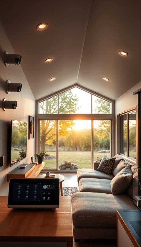 A cozy, modern tiny home interior with a sleek and minimalist security and entertainment system. In the foreground, a compact smart home hub with touchscreen controls and discreet security cameras mounted on the walls. On a floating shelf, a slim soundbar and streaming device blend seamlessly into the decor. Soft, indirect lighting from recessed fixtures creates a warm, inviting atmosphere. The middle ground features a plush, modular sectional sofa with built-in wireless charging and smart home integration. In the background, large windows offer a serene view of a lush, tree-lined backyard, bathed in the golden glow of the setting sun.