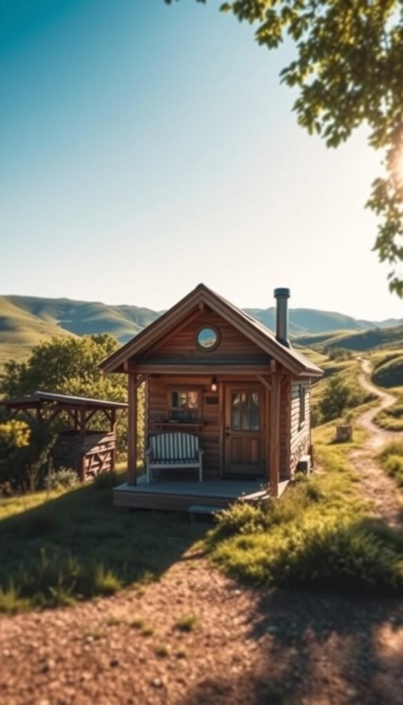 A cozy, rustic tiny house nestled among rolling hills, surrounded by lush greenery and a clear blue sky. In the foreground, a warm, inviting porch with a small seating area. The house itself is composed of natural materials like weathered wood and stone, blending seamlessly into the pastoral landscape. Dappled sunlight filters through the trees, casting a gentle glow over the scene. In the distance, a winding path leads away, hinting at the simple, sustainable lifestyle of the tiny house movement. The overall atmosphere is one of tranquility, harmony, and a connection to the natural world. A cozy, rustic tiny house nestled among rolling hills, surrounded by lush greenery and a clear blue sky. In the foreground, a warm, inviting porch with a small seating area. The house itself is composed of natural materials like weathered wood and stone, blending seamlessly into the pastoral landscape. Dappled sunlight filters through the trees, casting a gentle glow over the scene. In the distance, a winding path leads away, hinting at the simple, sustainable lifestyle of the tiny house movement. The overall atmosphere is one of tranquility, harmony, and a connection to the natural world.