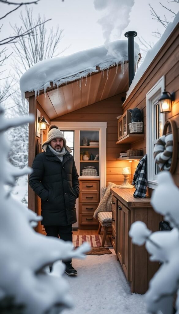 A cozy, snow-covered tiny home nestled amidst a serene, winter landscape. In the foreground, a family of two bundled up in warm layers, navigating the narrow confines of their compact living space, faces flushed from the crisp, frosty air. The middle ground reveals thoughtfully optimized storage solutions and space-saving furniture, while the background showcases the home's charming exterior, with icicles glittering on the eaves and a plume of smoke curling from the chimney, hinting at the warmth within. Soft, diffused lighting casts a gentle glow, creating an intimate, inviting atmosphere that belies the challenges of tiny home living in the winter months.