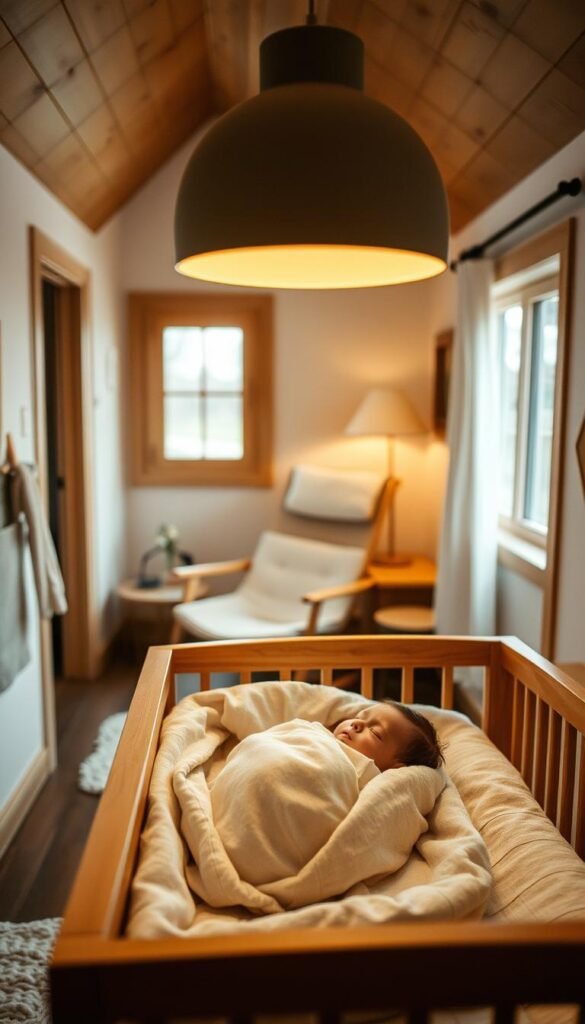 A cozy, softly lit interior of a tiny home's bedroom. In the foreground, a delicate baby swaddled in a plush blanket sleeps peacefully in a wooden crib, surrounded by gentle, organic shapes. Warm, muted tones create a soothing, tranquil atmosphere, while natural textures like linen and wood evoke a sense of simplicity and comfort. Overhead, a muted, warm-toned pendant light casts a gentle glow, complementing the serene setting. The middle ground features a rocking chair and a small side table, hinting at the practical yet thoughtful design of the space. In the background, a glimpse of a window suggests a connection to the natural world outside, adding to the sense of harmony and balance. A cozy, softly lit interior of a tiny home's bedroom. In the foreground, a delicate baby swaddled in a plush blanket sleeps peacefully in a wooden crib, surrounded by gentle, organic shapes. Warm, muted tones create a soothing, tranquil atmosphere, while natural textures like linen and wood evoke a sense of simplicity and comfort. Overhead, a muted, warm-toned pendant light casts a gentle glow, complementing the serene setting. The middle ground features a rocking chair and a small side table, hinting at the practical yet thoughtful design of the space. In the background, a glimpse of a window suggests a connection to the natural world outside, adding to the sense of harmony and balance.