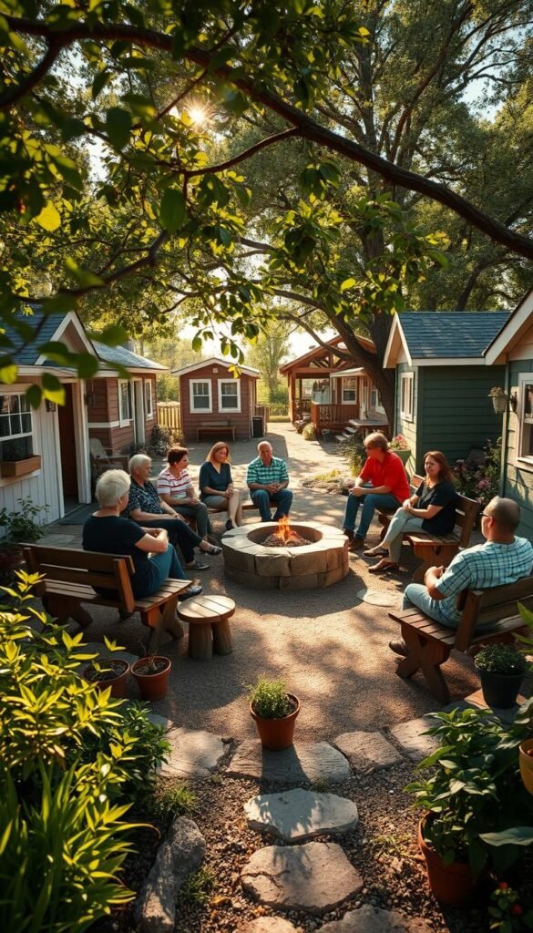A cozy, sun-dappled clearing in a tiny house community, where residents gather around a central firepit, engaged in lively conversation and shared laughter. Wooden benches and rustic tables dotted throughout, creating an intimate, welcoming atmosphere. Vibrant gardens and potted plants frame the scene, their verdant foliage softening the edges. Overhead, a canopy of trees filters the sunlight, casting a warm, golden glow over the gathering. A sense of connection, community, and harmony pervades the space, as neighbors forge meaningful bonds amidst the tranquility of their tiny home enclave. A cozy, sun-dappled clearing in a tiny house community, where residents gather around a central firepit, engaged in lively conversation and shared laughter. Wooden benches and rustic tables dotted throughout, creating an intimate, welcoming atmosphere. Vibrant gardens and potted plants frame the scene, their verdant foliage softening the edges. Overhead, a canopy of trees filters the sunlight, casting a warm, golden glow over the gathering. A sense of connection, community, and harmony pervades the space, as neighbors forge meaningful bonds amidst the tranquility of their tiny home enclave.