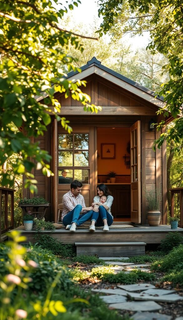 A cozy, sun-dappled tiny house nestled amidst lush greenery, with a young family of three - parents and a toddler - relaxing in the warm, inviting outdoor space. The parents are engaged in playful interaction, cradling the child tenderly. Soft, diffused lighting filters through the trees, casting a serene, peaceful ambiance. The house's weathered, rustic exterior blends harmoniously with the natural surroundings, conveying a sense of simple, sustainable living. The overall scene radiates a genuine, intimate portrayal of a tiny house family lifestyle. A cozy, sun-dappled tiny house nestled amidst lush greenery, with a young family of three - parents and a toddler - relaxing in the warm, inviting outdoor space. The parents are engaged in playful interaction, cradling the child tenderly. Soft, diffused lighting filters through the trees, casting a serene, peaceful ambiance. The house's weathered, rustic exterior blends harmoniously with the natural surroundings, conveying a sense of simple, sustainable living. The overall scene radiates a genuine, intimate portrayal of a tiny house family lifestyle.