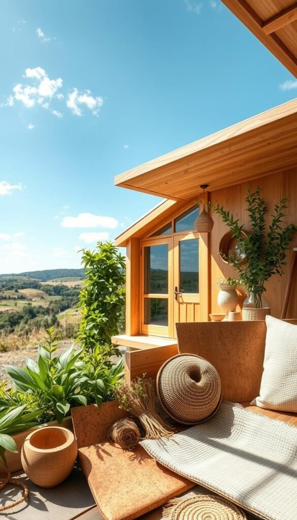 A cozy, sun-drenched scene of sustainable tiny home materials. In the foreground, a neatly arranged collection of natural materials - bamboo, cork, reclaimed wood, and hemp textiles. The middle ground features a tranquil, minimalist tiny home with clean lines and large windows, surrounded by lush greenery. In the background, a serene landscape with rolling hills and a cloudless blue sky, captured with a wide-angle lens and soft, diffused lighting, creating a peaceful, eco-conscious atmosphere. A cozy, sun-drenched scene of sustainable tiny home materials. In the foreground, a neatly arranged collection of natural materials - bamboo, cork, reclaimed wood, and hemp textiles. The middle ground features a tranquil, minimalist tiny home with clean lines and large windows, surrounded by lush greenery. In the background, a serene landscape with rolling hills and a cloudless blue sky, captured with a wide-angle lens and soft, diffused lighting, creating a peaceful, eco-conscious atmosphere.