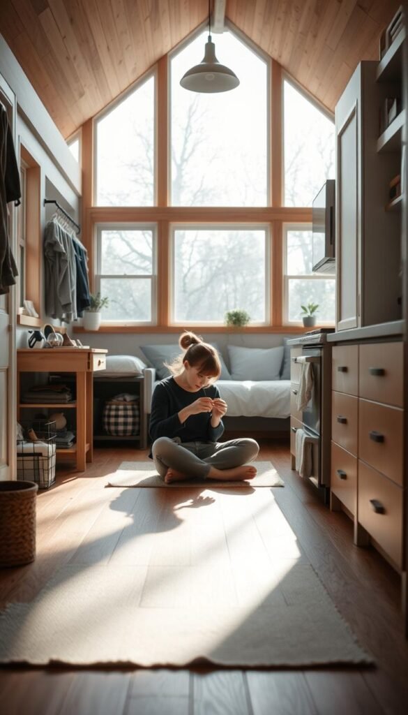 A cozy tiny home interior, bathed in soft natural light filtering through large windows. In the foreground, a person sits cross-legged on the floor, focused on a small task - folding laundry, tending to a houseplant, or organizing a drawer. The middle ground showcases efficient storage solutions, with neatly arranged items and minimalist decor. In the background, the living space blends seamlessly with a compact kitchen, hinting at the resident's commitment to purposeful living and mindful habits. A sense of tranquility and intentionality pervades the scene, reflecting the transformative power of micro-habits in the context of a tiny home lifestyle. A cozy tiny home interior, bathed in soft natural light filtering through large windows. In the foreground, a person sits cross-legged on the floor, focused on a small task - folding laundry, tending to a houseplant, or organizing a drawer. The middle ground showcases efficient storage solutions, with neatly arranged items and minimalist decor. In the background, the living space blends seamlessly with a compact kitchen, hinting at the resident's commitment to purposeful living and mindful habits. A sense of tranquility and intentionality pervades the scene, reflecting the transformative power of micro-habits in the context of a tiny home lifestyle.