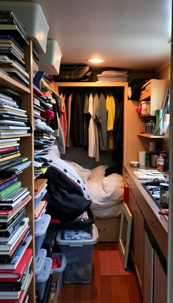 A cozy tiny home interior, cluttered with various storage solutions and household items. In the foreground, an overflowing bookshelf and a stack of storage bins compete for space. In the middle ground, a murphy bed is partially obscured by hanging garments and a small dresser. The background reveals a cluttered kitchen counter, with a mix of cooking utensils, canned goods, and miscellaneous items. Soft, warm lighting illuminates the scene, creating a sense of lived-in comfort despite the cramped quarters. The overall atmosphere conveys the challenges of maintaining organization and efficient storage in a compact living space.