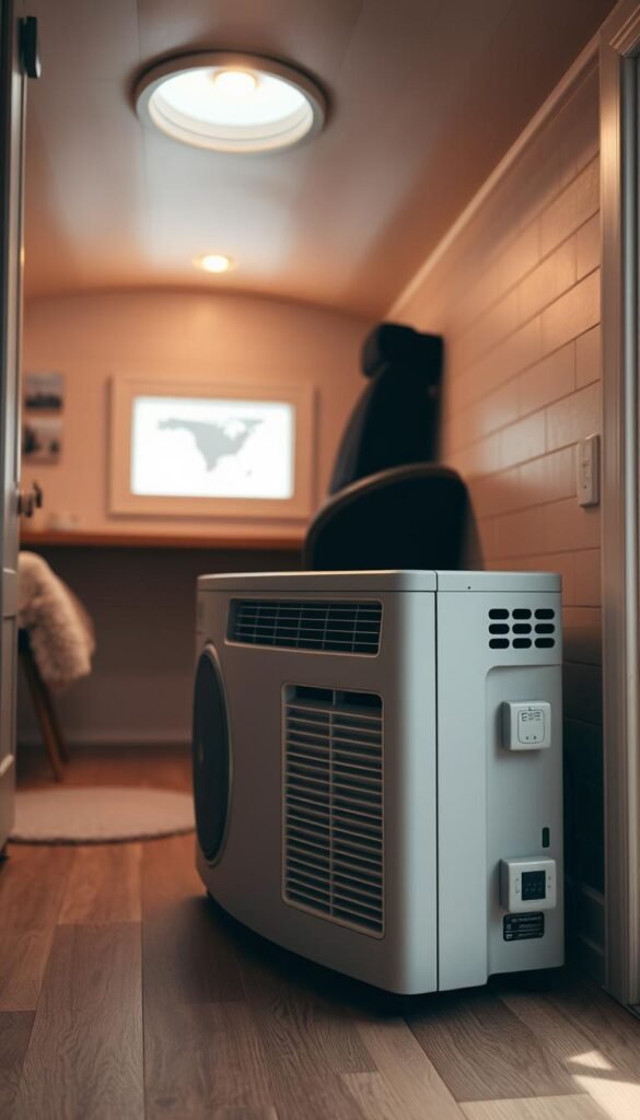 A cozy tiny home interior with a heating and cooling unit taking up a significant portion of the floor space, its vents and controls highlighted. The room has a minimalist decor, with muted tones and natural textures. Warm, diffused lighting emanates from the ceiling, creating a soft, contemplative atmosphere. The layout emphasizes the limited square footage, underscoring the challenges of efficient climate control in a compact living space. The image conveys the delicate balance between functionality and spatial constraints that tiny home owners must navigate. A cozy tiny home interior with a heating and cooling unit taking up a significant portion of the floor space, its vents and controls highlighted. The room has a minimalist decor, with muted tones and natural textures. Warm, diffused lighting emanates from the ceiling, creating a soft, contemplative atmosphere. The layout emphasizes the limited square footage, underscoring the challenges of efficient climate control in a compact living space. The image conveys the delicate balance between functionality and spatial constraints that tiny home owners must navigate.