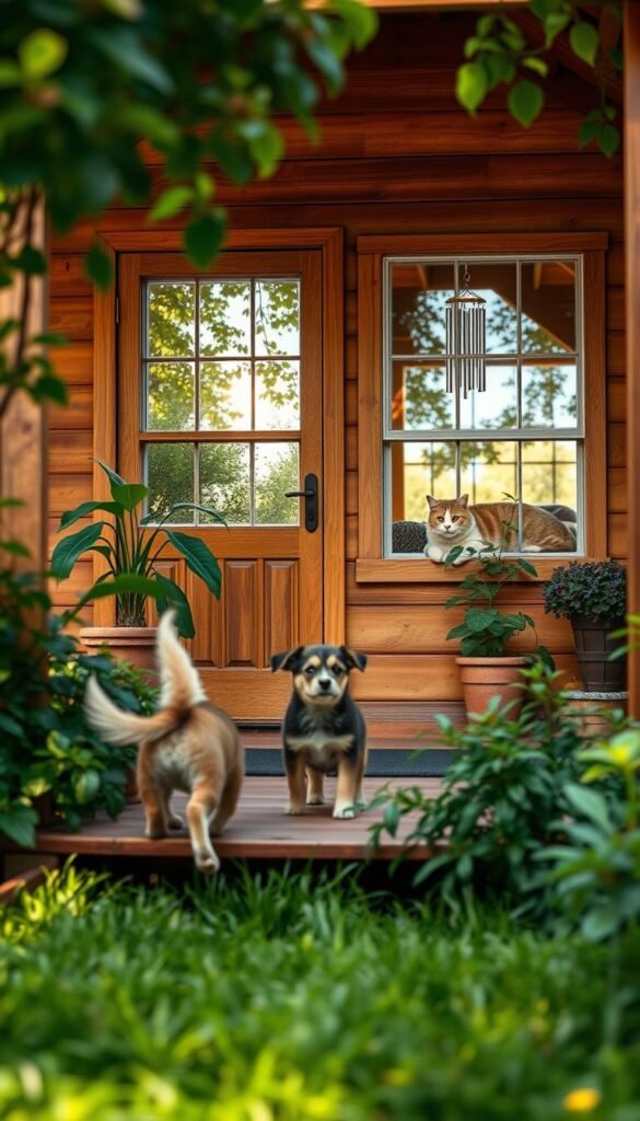 A cozy tiny home nestled amidst lush greenery, its wooden exterior exuding warmth and charm. In the foreground, a playful puppy frolics on the porch, its wagging tail capturing the joy of tiny house living. Through the large windows, a content feline lounges in a sunbeam, while potted plants and wind chimes add to the serene atmosphere. The scene is bathed in soft, natural lighting, creating a inviting and peaceful ambiance. The tiny home's compact yet efficient design is complemented by the presence of beloved pets, showcasing the harmonious integration of small-space living and companionship. Tiny House Living with Pets: Tips for Furry Friends A cozy tiny home nestled amidst lush greenery, its wooden exterior exuding warmth and charm. In the foreground, a playful puppy frolics on the porch, its wagging tail capturing the joy of tiny house living. Through the large windows, a content feline lounges in a sunbeam, while potted plants and wind chimes add to the serene atmosphere. The scene is bathed in soft, natural lighting, creating a inviting and peaceful ambiance. The tiny home's compact yet efficient design is complemented by the presence of beloved pets, showcasing the harmonious integration of small-space living and companionship.