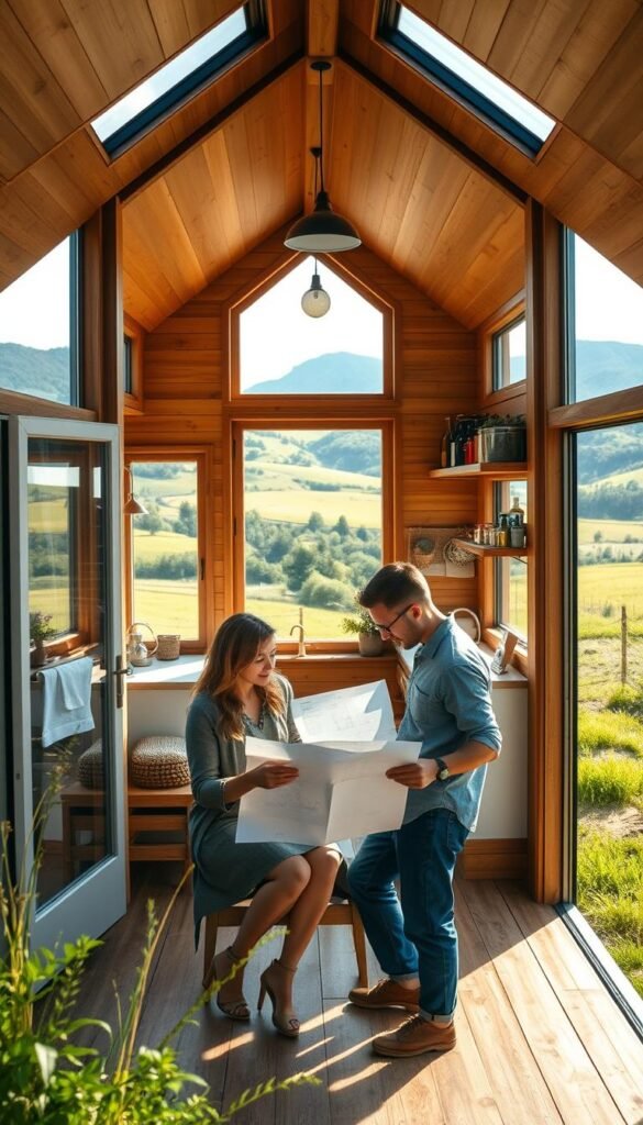 A cozy tiny home nestled in a serene countryside, sunlight filtering through large windows, casting a warm glow on a neatly organized interior. In the foreground, a couple carefully examining blueprints, weighing the pros and cons of this minimalist lifestyle - the freedom of reduced expenses balanced against the challenges of limited space. In the background, lush greenery and rolling hills, evoking a sense of tranquility and connection to nature. The scene captured with a wide-angle lens, highlighting the harmonious interplay between the structure and its picturesque surroundings, inviting the viewer to consider the merits and tradeoffs of tiny house living.