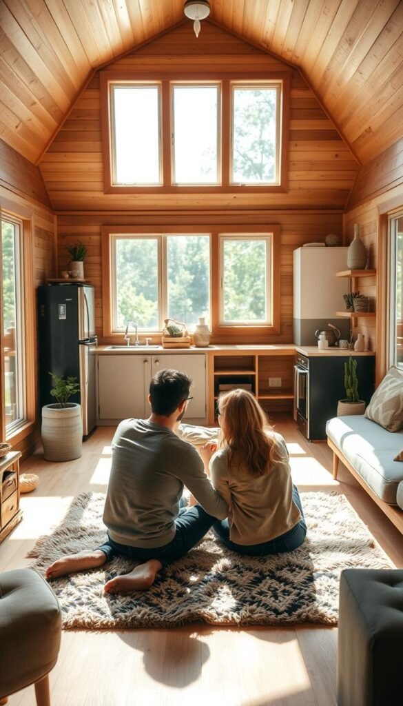 A cozy tiny house interior, bathed in warm, natural light streaming through large windows. In the foreground, a couple sits face-to-face on a plush rug, engaged in an earnest discussion, their body language conveying a sense of conflict resolution. Neutral-toned furnishings and minimalist decor create a calming atmosphere, emphasizing the intimacy of the space. The middle ground features subtle details that suggest the challenges of tiny house living, such as a space-saving kitchen and a neatly organized storage area. The background subtly hints at the outdoors, with a glimpse of lush greenery visible through the windows, evoking a sense of tranquility and connection to nature. A cozy tiny house interior, bathed in warm, natural light streaming through large windows. In the foreground, a couple sits face-to-face on a plush rug, engaged in an earnest discussion, their body language conveying a sense of conflict resolution. Neutral-toned furnishings and minimalist decor create a calming atmosphere, emphasizing the intimacy of the space. The middle ground features subtle details that suggest the challenges of tiny house living, such as a space-saving kitchen and a neatly organized storage area. The background subtly hints at the outdoors, with a glimpse of lush greenery visible through the windows, evoking a sense of tranquility and connection to nature.