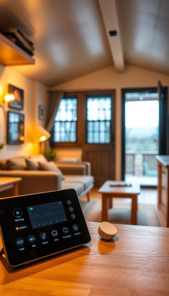A cozy tiny-house interior with an intuitive smart home system seamlessly integrated. In the foreground, a sleek control panel with virtual assistants and IoT devices, bathed in warm, soft lighting. The middle ground features a minimalist living area with a comfortable couch and a large window overlooking a serene outdoor scene. The background showcases smart home automation at work - dimming lights, adjusting temperature, and managing door locks, all with a simple voice command or tap on the panel. The overall atmosphere conveys a sense of effortless, personalized convenience, enhancing the guest experience through intelligent, guest-centric features.