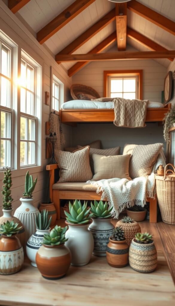 A cozy tiny house interior with warm, natural lighting streaming through large windows. In the foreground, a neatly arranged display of potted succulents, ceramic vases, and woven baskets adds a touch of organic charm. In the middle ground, a rustic wooden bench adorned with plush cushions and a knitted throw invites relaxation. The background features exposed beams, whitewashed walls, and a hint of a lofted sleeping area, creating a sense of coziness and personalized character. The overall atmosphere exudes a serene, minimalist aesthetic that celebrates the beauty of compact, intentional living. A cozy tiny house interior with warm, natural lighting streaming through large windows. In the foreground, a neatly arranged display of potted succulents, ceramic vases, and woven baskets adds a touch of organic charm. In the middle ground, a rustic wooden bench adorned with plush cushions and a knitted throw invites relaxation. The background features exposed beams, whitewashed walls, and a hint of a lofted sleeping area, creating a sense of coziness and personalized character. The overall atmosphere exudes a serene, minimalist aesthetic that celebrates the beauty of compact, intentional living.
