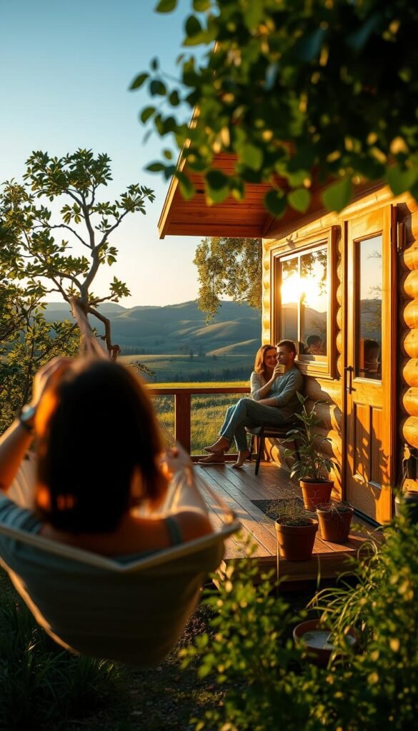 A cozy tiny house nestled among lush greenery, its charming wooden exterior bathed in warm afternoon sunlight. In the foreground, a person relaxing on a hammock, gazing out at the tranquil landscape. The middle ground features a small porch with potted plants and a couple enjoying a cup of tea, embodying the peaceful, minimalist lifestyle. The background reveals rolling hills and a clear blue sky, creating a serene, nature-inspired ambiance. Soft, diffused lighting enhances the homely, inviting atmosphere, inviting the viewer to imagine the benefits of embracing this simplified, eco-conscious way of living. A cozy tiny house nestled among lush greenery, its charming wooden exterior bathed in warm afternoon sunlight. In the foreground, a person relaxing on a hammock, gazing out at the tranquil landscape. The middle ground features a small porch with potted plants and a couple enjoying a cup of tea, embodying the peaceful, minimalist lifestyle. The background reveals rolling hills and a clear blue sky, creating a serene, nature-inspired ambiance. Soft, diffused lighting enhances the homely, inviting atmosphere, inviting the viewer to imagine the benefits of embracing this simplified, eco-conscious way of living.