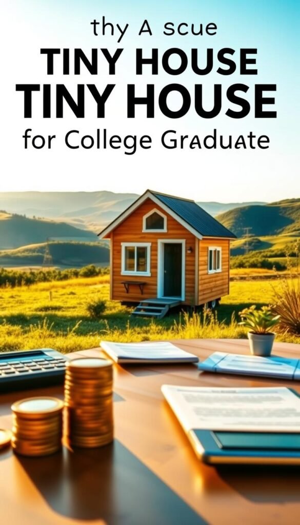 A cozy tiny house nestled in a lush, green landscape, bathed in warm, golden afternoon sunlight. In the foreground, a stack of coins and a calculator, symbolizing the financial benefits of downsized living. The middle ground features a neatly organized table with a laptop, paperwork, and a small potted plant, conveying a sense of efficiency and simplicity. In the background, a picturesque view of rolling hills and a clear, blue sky, evoking a peaceful, serene atmosphere. The overall scene reflects the advantages of a tiny house lifestyle for a college graduate - reduced expenses, greater financial flexibility, and a more sustainable, fulfilling way of life. A cozy tiny house nestled in a lush, green landscape, bathed in warm, golden afternoon sunlight. In the foreground, a stack of coins and a calculator, symbolizing the financial benefits of downsized living. The middle ground features a neatly organized table with a laptop, paperwork, and a small potted plant, conveying a sense of efficiency and simplicity. In the background, a picturesque view of rolling hills and a clear, blue sky, evoking a peaceful, serene atmosphere. The overall scene reflects the advantages of a tiny house lifestyle for a college graduate - reduced expenses, greater financial flexibility, and a more sustainable, fulfilling way of life.