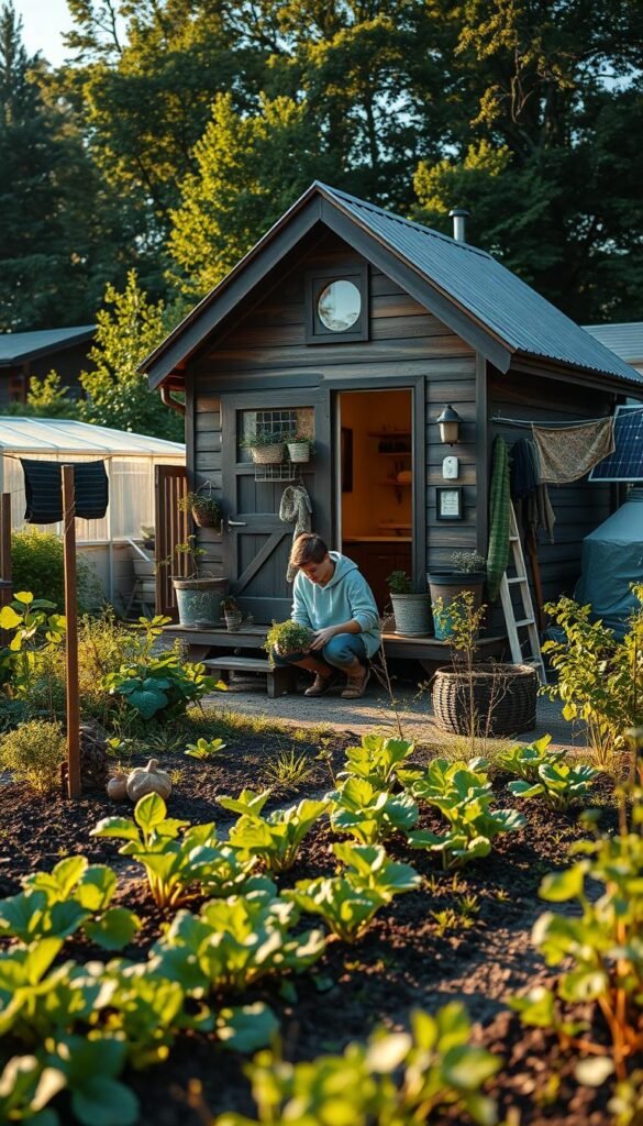 A cozy tiny house nestled in a lush, sustainable garden, with a young person engaged in various life skills development activities. In the foreground, they are tending to a small vegetable patch, using eco-friendly gardening tools. The middle ground features a composting system and a clothesline, highlighting sustainable living practices. In the background, a greenhouse and a small solar panel array suggest off-grid living. The lighting is soft and natural, with the scene bathed in warm, golden tones, conveying a sense of tranquility and self-sufficiency. The overall atmosphere evokes a peaceful, mindful lifestyle focused on personal growth and environmental responsibility. A cozy tiny house nestled in a lush, sustainable garden, with a young person engaged in various life skills development activities. In the foreground, they are tending to a small vegetable patch, using eco-friendly gardening tools. The middle ground features a composting system and a clothesline, highlighting sustainable living practices. In the background, a greenhouse and a small solar panel array suggest off-grid living. The lighting is soft and natural, with the scene bathed in warm, golden tones, conveying a sense of tranquility and self-sufficiency. The overall atmosphere evokes a peaceful, mindful lifestyle focused on personal growth and environmental responsibility.