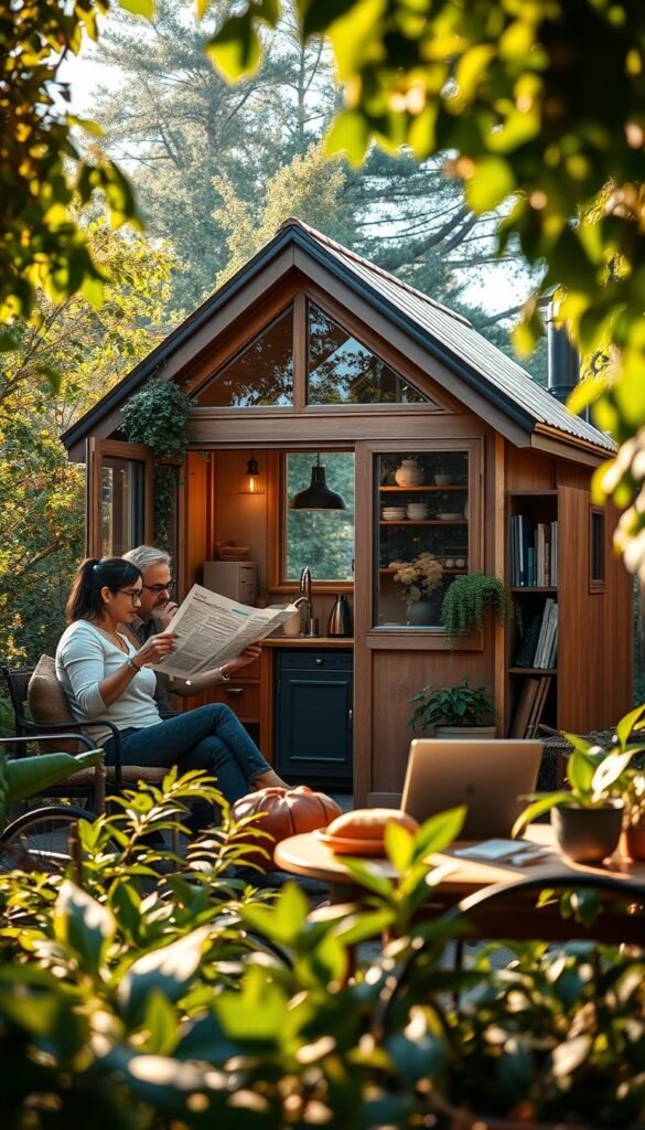 A cozy tiny house nestled in a lush, verdant garden. In the foreground, a couple engages in their morning routine - sipping coffee, reading the newspaper, and planning their day. Warm natural light filters through large windows, casting a soft glow on their faces. The middle ground reveals a small kitchen, where the aroma of freshly baked bread wafts through the air. In the background, a desk with a laptop suggests remote work opportunities, while a bookshelf hints at intellectual pursuits. The scene exudes a sense of tranquility, highlighting the intimate, harmonious dynamics of tiny house living. A cozy tiny house nestled in a lush, verdant garden. In the foreground, a couple engages in their morning routine - sipping coffee, reading the newspaper, and planning their day. Warm natural light filters through large windows, casting a soft glow on their faces. The middle ground reveals a small kitchen, where the aroma of freshly baked bread wafts through the air. In the background, a desk with a laptop suggests remote work opportunities, while a bookshelf hints at intellectual pursuits. The scene exudes a sense of tranquility, highlighting the intimate, harmonious dynamics of tiny house living.