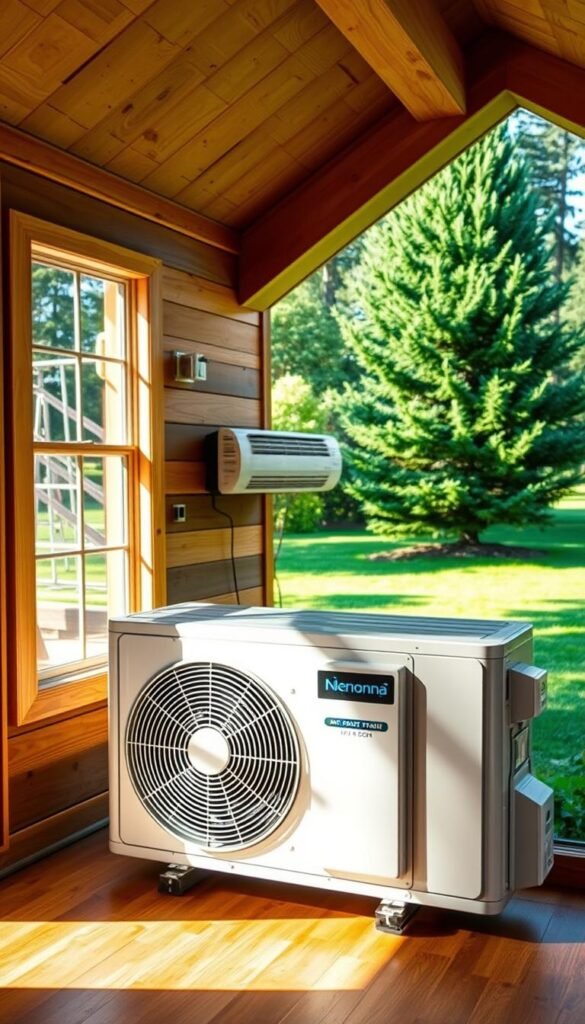 A cozy tiny house nestled in a lush, verdant landscape, with a compact yet efficient heating and cooling system prominently featured. The foreground showcases the sleek, modern design of the mini-split air conditioning unit, its clean lines and gleaming surface reflecting the warm sunlight filtering through the large windows. In the middle ground, a miniature ductless heat pump blends seamlessly into the rustic wood paneling, its discreet presence highlighting the system's compact and unobtrusive integration. The background depicts a serene natural setting, with towering pines and a verdant lawn, creating a harmonious and inviting atmosphere that embodies the essence of sustainable tiny house living. A cozy tiny house nestled in a lush, verdant landscape, with a compact yet efficient heating and cooling system prominently featured. The foreground showcases the sleek, modern design of the mini-split air conditioning unit, its clean lines and gleaming surface reflecting the warm sunlight filtering through the large windows. In the middle ground, a miniature ductless heat pump blends seamlessly into the rustic wood paneling, its discreet presence highlighting the system's compact and unobtrusive integration. The background depicts a serene natural setting, with towering pines and a verdant lawn, creating a harmonious and inviting atmosphere that embodies the essence of sustainable tiny house living.