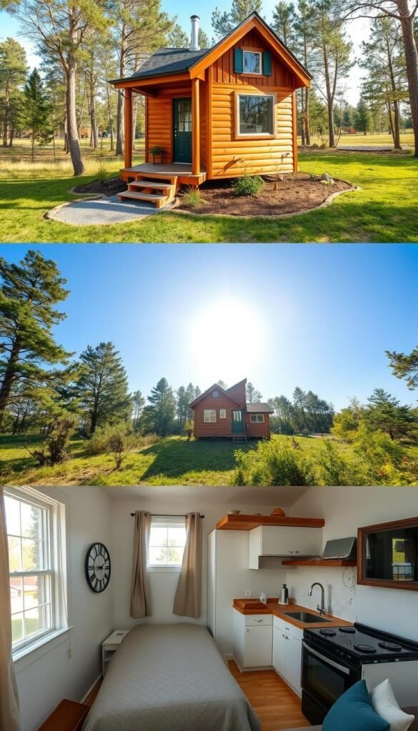 A cozy tiny house nestled in a serene landscape, its exterior captured in a series of professional-grade listing photos. The front view showcases the quaint cabin-style design, with a wooden facade, a charming porch, and a neatly landscaped yard. The interior shots highlight the efficient use of space, featuring a bright and airy living area, a compact but functional kitchen, and a loft bedroom bathed in natural light. The photos are taken with a wide-angle lens, emphasizing the sense of spaciousness and inviting potential buyers to envision themselves living in this peaceful, tranquil retreat.