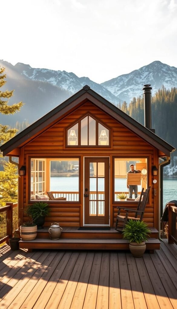A cozy tiny house nestled in a serene mountain landscape, with a front porch overlooking a tranquil lake. The house is a harmonious blend of rustic and modern elements, featuring a gable roof, wooden siding, and large windows that flood the interior with natural light. The camera angle showcases the key dimensions of the design, including the compact footprint, slanted roof, and efficient use of space. The scene is bathed in warm, golden sunlight, creating a welcoming and inviting atmosphere. Subtle details like potted plants, rocking chairs, and a wooden deck enhance the sense of coziness and charm. A cozy tiny house nestled in a serene mountain landscape, with a front porch overlooking a tranquil lake. The house is a harmonious blend of rustic and modern elements, featuring a gable roof, wooden siding, and large windows that flood the interior with natural light. The camera angle showcases the key dimensions of the design, including the compact footprint, slanted roof, and efficient use of space. The scene is bathed in warm, golden sunlight, creating a welcoming and inviting atmosphere. Subtle details like potted plants, rocking chairs, and a wooden deck enhance the sense of coziness and charm.