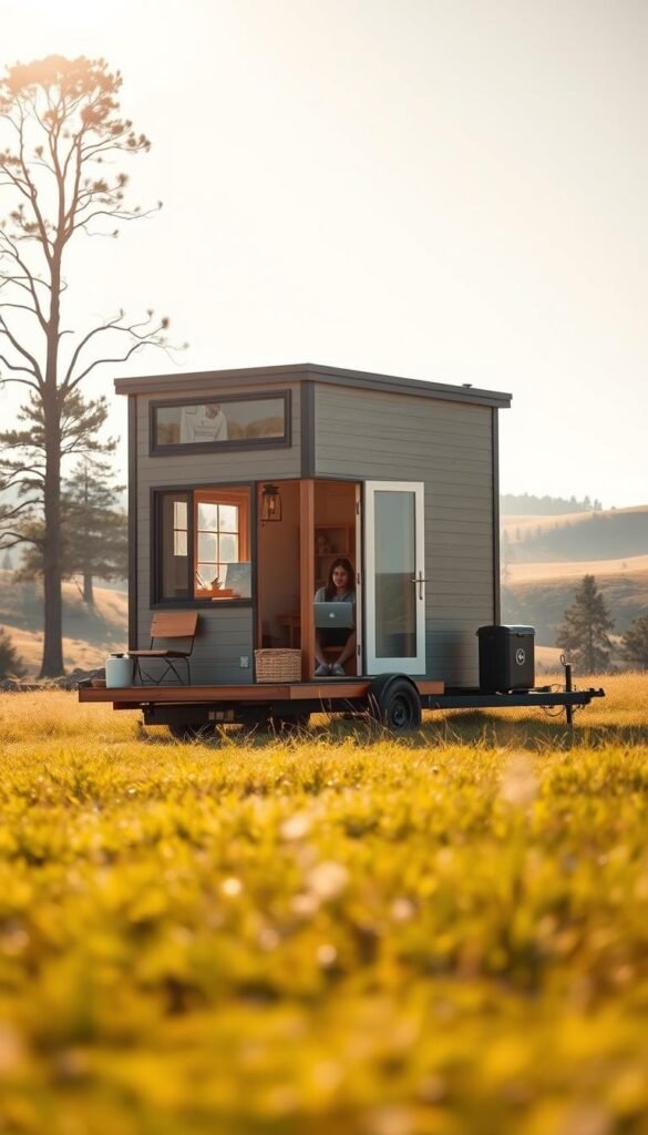 A cozy tiny house on wheels, parked in a sun-dappled meadow. The compact exterior features sleek lines and large windows, allowing natural light to flood the interior. In the foreground, a young college graduate relaxes on the porch, laptop in hand, enjoying the flexibility and mobility this tiny abode provides. The middle ground showcases the house's towing mechanism, emphasizing its ease of relocation. In the background, rolling hills and towering trees create a serene, pastoral atmosphere, perfectly complementing the tiny house's tranquil charm. Soft, warm lighting filters through the scene, evoking a sense of comfort and freedom. A cozy tiny house on wheels, parked in a sun-dappled meadow. The compact exterior features sleek lines and large windows, allowing natural light to flood the interior. In the foreground, a young college graduate relaxes on the porch, laptop in hand, enjoying the flexibility and mobility this tiny abode provides. The middle ground showcases the house's towing mechanism, emphasizing its ease of relocation. In the background, rolling hills and towering trees create a serene, pastoral atmosphere, perfectly complementing the tiny house's tranquil charm. Soft, warm lighting filters through the scene, evoking a sense of comfort and freedom.